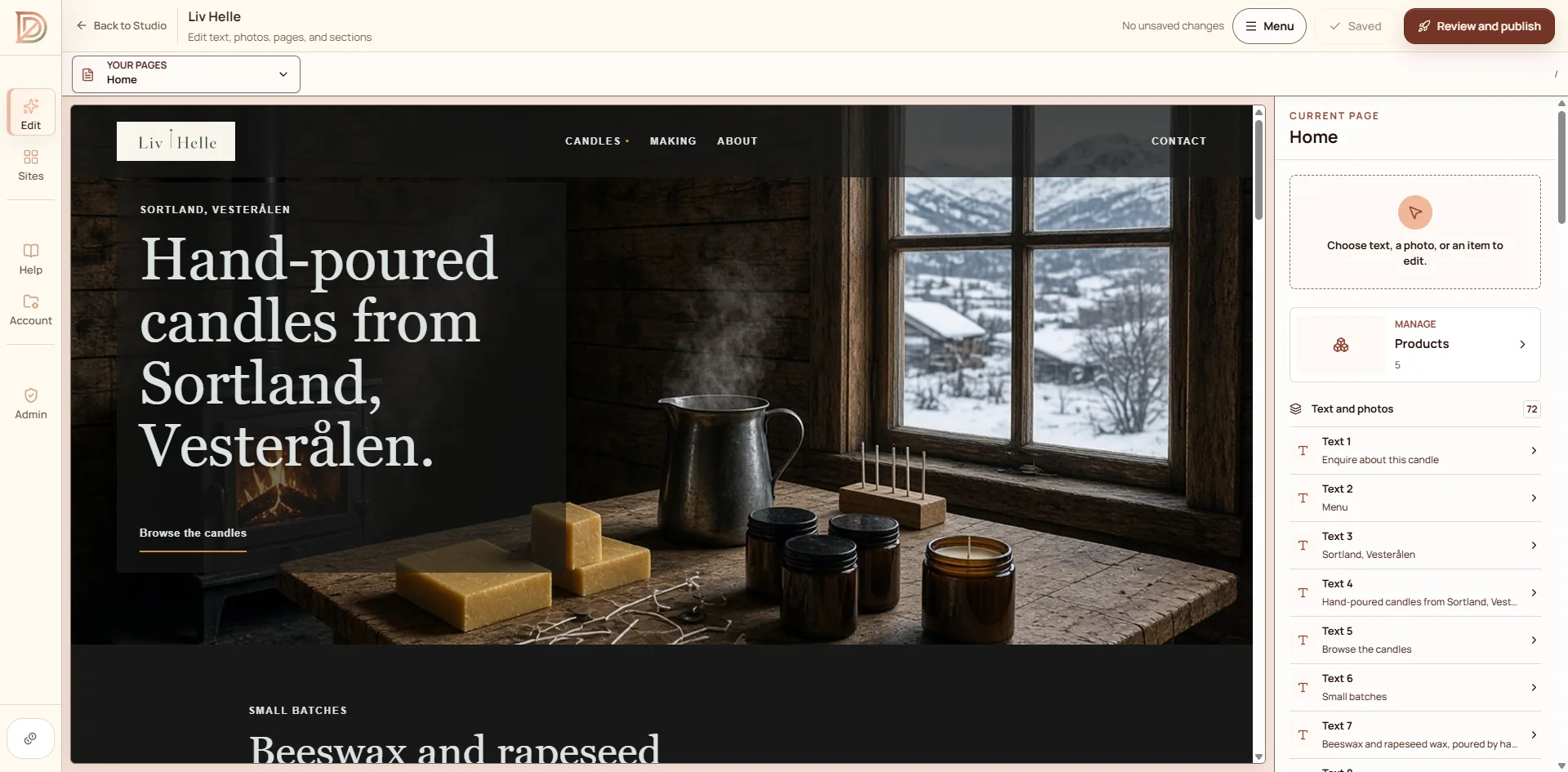 DriftLess demonstration: visual editor showing a maker website preview beside controls for text, photographs, pages, and sections.