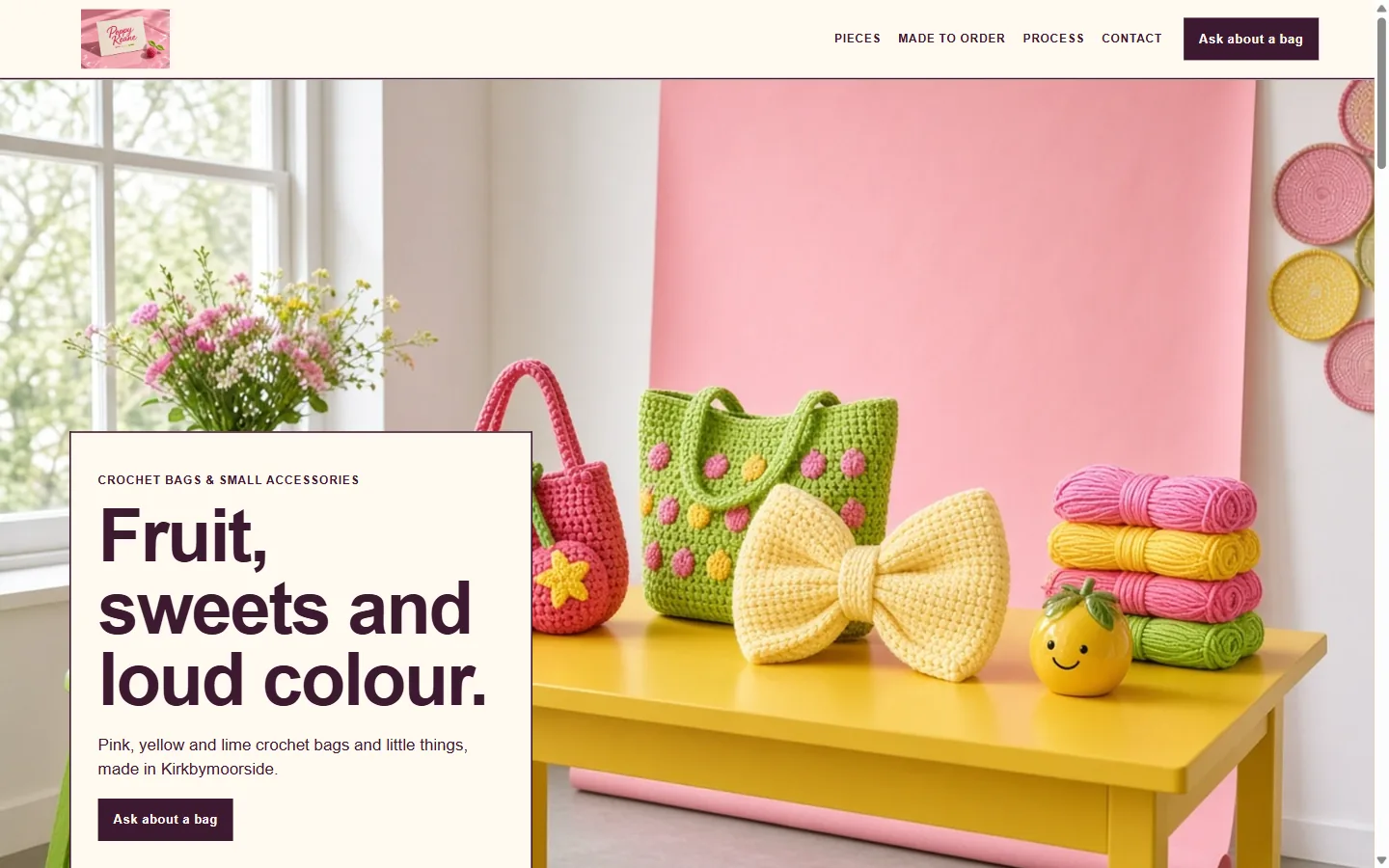 DriftLess demonstration: Poppy Keane maker website with colourful crochet work, navigation, and an enquiry action.