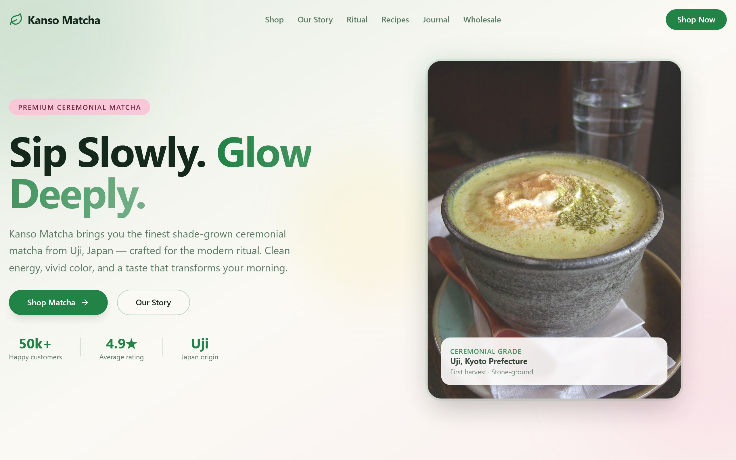 Kanso Matcha DriftLess homepage proof preview