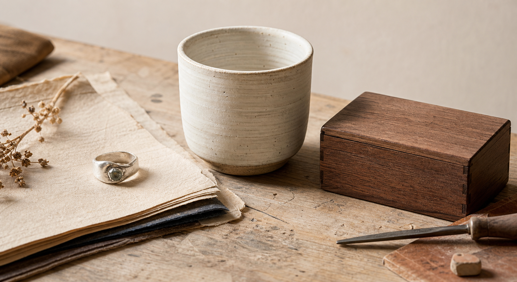 Silver ring, hand-thrown ceramic cup, and joined walnut box on a maker workbench